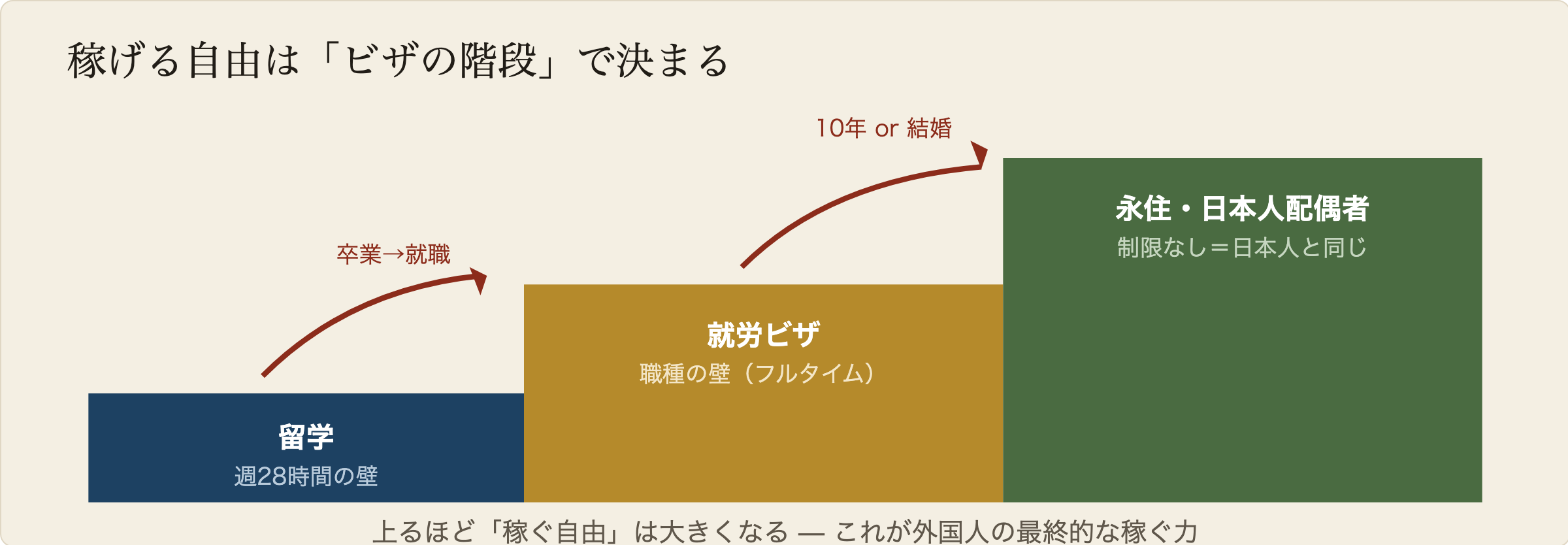 在留資格の階段の図解。留学（週28時間の壁）から、卒業後に就労ビザ（職種の壁）へ、さらに永住や日本人配偶者（制限なし）へと上るほど、稼げる自由が大きくなる。