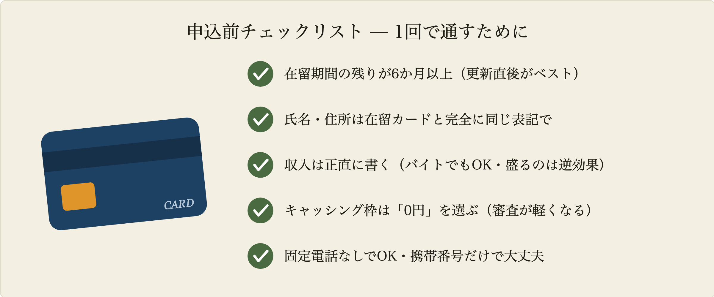 申込前チェックリスト — 申し込む前に確認すること: 在留期間の残りが6か月以上(更新直後がベスト); 氏名・住所は在留カードと完全に同じ表記で; 収入は正直に書く(バイトでもOK・盛るのは逆効果); キャッシング枠は「0円」を選ぶ(審査が軽くなる); 固定電話なしでOK・携帯番号だけで大丈夫