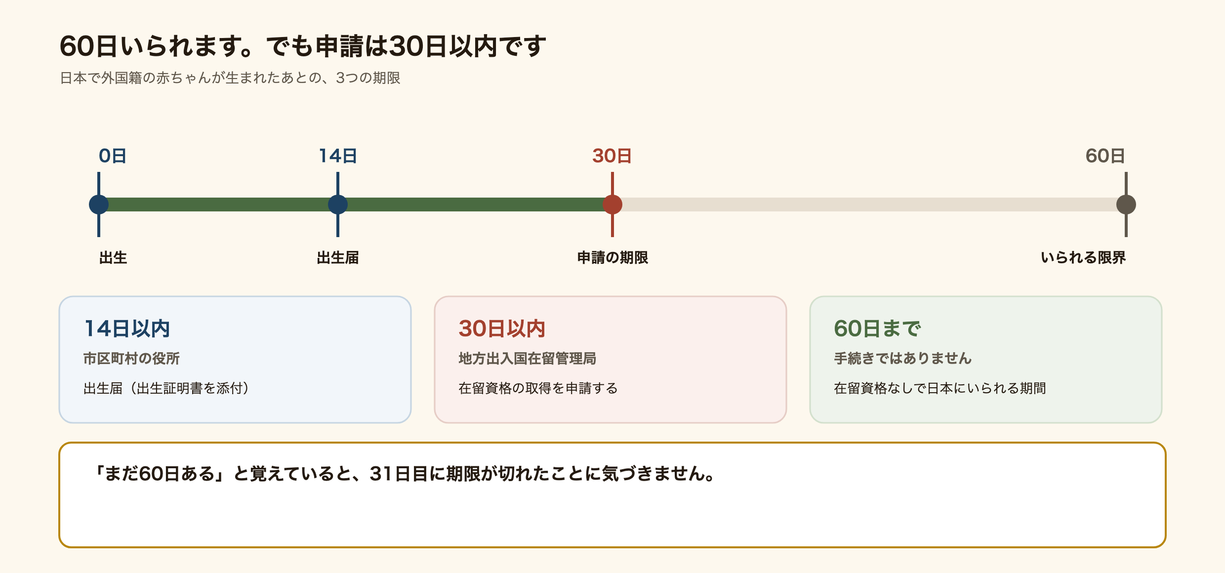 日本で外国籍の赤ちゃんが生まれたあとの3つの期限を示した図解。出生から14日以内に市区町村へ出生届、30日以内に入管へ在留資格取得の申請、60日までは在留資格なしで日本にいられる。60日いられるのに申請の期限は30日なので、まだ60日あると思って30日を過ぎるのが最も多い事故になる。