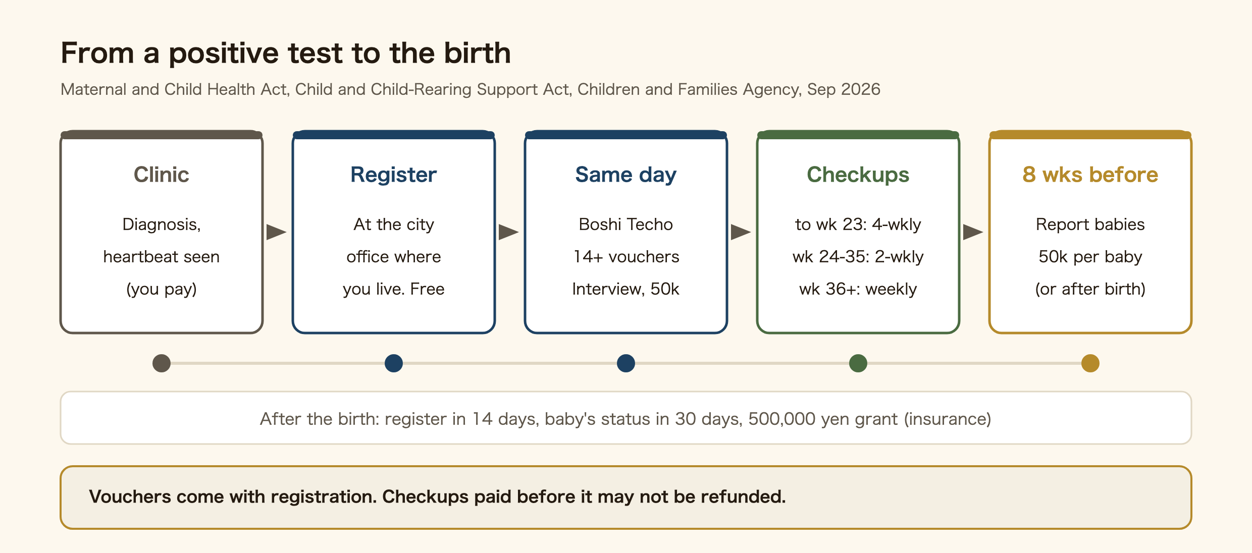 Timeline from a positive test to the birth in Japan. At the clinic, the pregnancy is diagnosed and the heartbeat seen, and you pay yourself. Register at the city office where you live, free. The same day you get the Maternal and Child Health Handbook (boshi techo), 14 or more checkup vouchers, an interview with a public health nurse, and the application for the first 50,000 yen of the pregnancy support payment. Checkups are every four weeks to week 23, every two weeks from week 24 to 35, and weekly from week 36. From eight weeks before the due date, report the number of babies for 50,000 yen per baby, or do it after the birth. After the birth: register it within 14 days, apply for the baby's status within 30 days, and the 500,000 yen childbirth grant comes from health insurance. Checkups paid before registration may not be refunded.