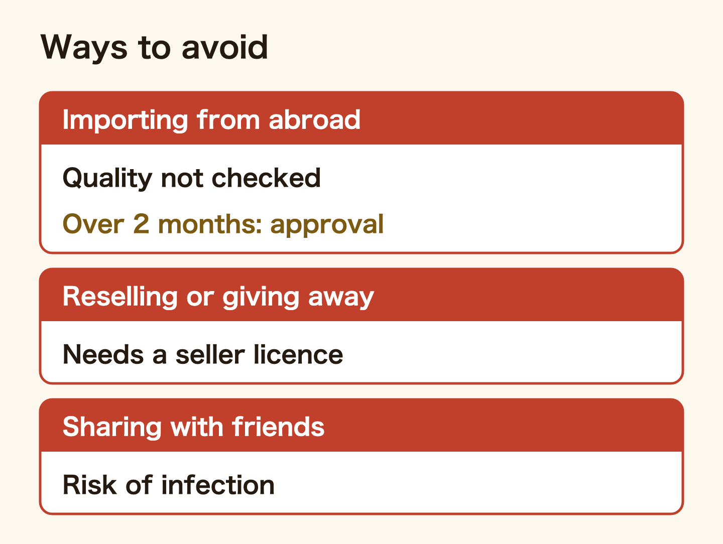 Ways of getting contact lenses to avoid. Personally imported lenses have not been quality-checked in Japan, and more than two months' supply of disposables needs an import approval. Selling or giving away spare lenses or coloured lenses, for example on a flea-market app, needs a seller licence or notification. Sharing lenses with friends risks eye infection.