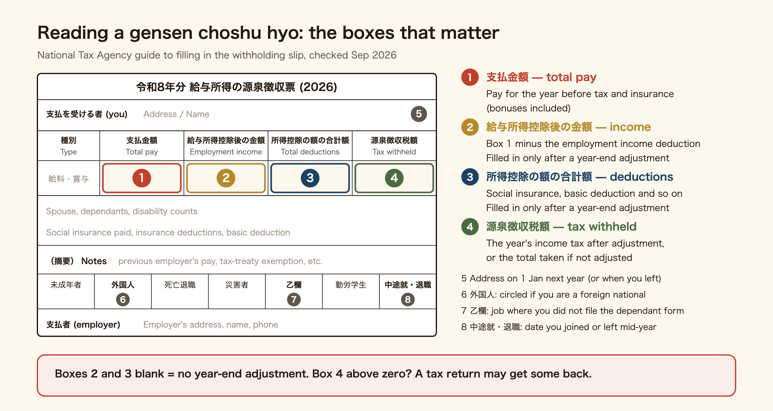 How to read a Japanese withholding slip (gensen choshu hyo). Four amount boxes sit in the top row. Box 1, 支払金額, is total pay for the year before tax and insurance, bonuses included. Box 2, 給与所得控除後の金額, is employment income: box 1 minus the employment income deduction, filled in only after a year-end adjustment. Box 3, 所得控除の額の合計額, is total deductions such as social insurance and the basic deduction, also filled in only after a year-end adjustment. Box 4, 源泉徴収税額, is the year's income tax after adjustment, or the total withheld if there was no adjustment. Also marked: the address as of 1 January of the next year or when you left; the 外国人 box, circled if you are a foreign national; the 乙欄 box, for a job where you did not file the dependant form; and 中途就・退職, the date you joined or left mid-year. If boxes 2 and 3 are blank there was no year-end adjustment, and if box 4 is above zero a tax return may get some back.