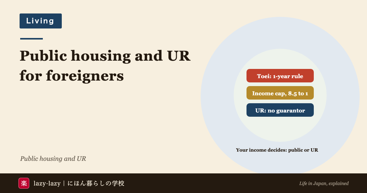 Public housing and UR housing for foreigners in Japan: Tokyo accepts other statuses after one year, public housing has an income cap and 8.5 to 1 odds, UR needs no guarantor