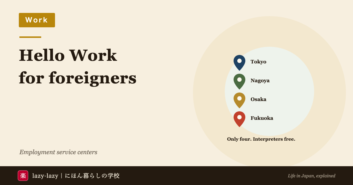 Diagram showing that there are only four Employment Service Centers for Foreigners in Japan: Tokyo, Nagoya, Osaka and Fukuoka