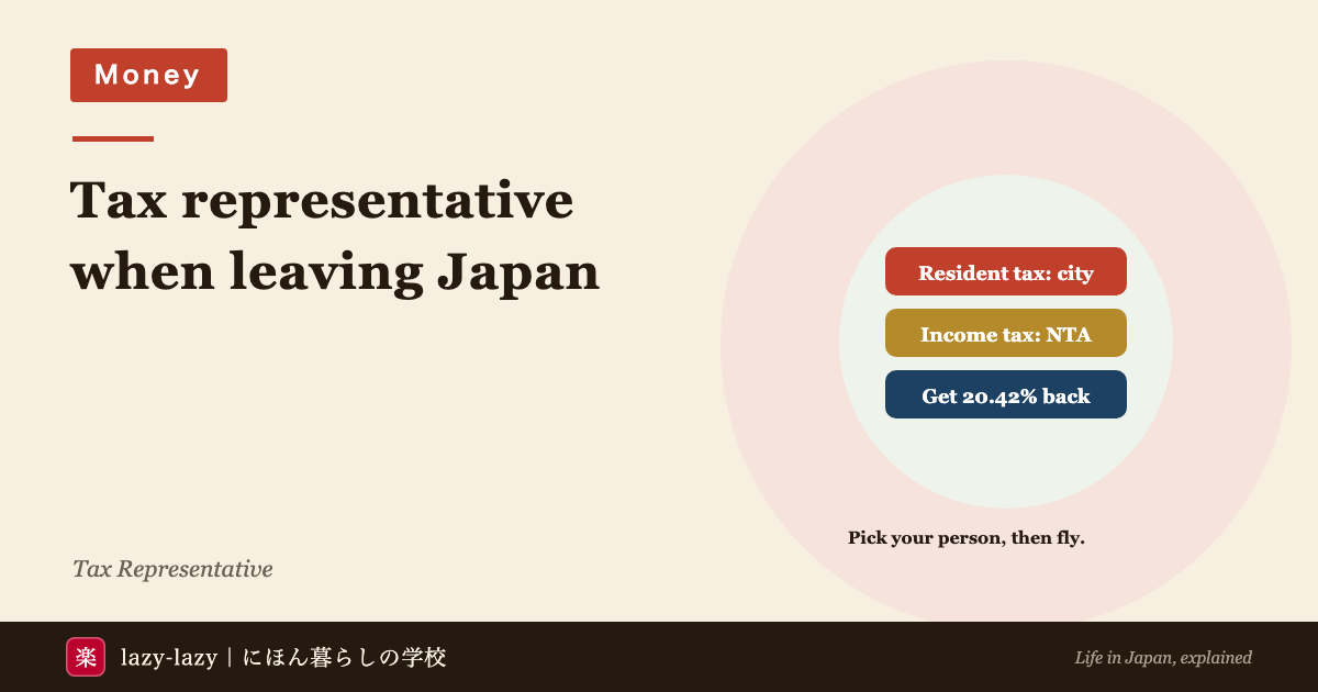 Eyecatch for appointing a tax representative when leaving Japan in 2026: resident tax is filed with the city, income tax with the tax office, and the 20.42% withheld from the pension lump-sum can be reclaimed