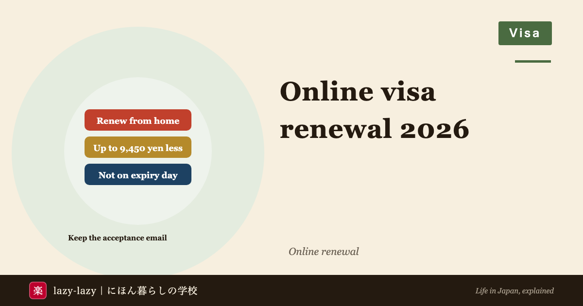 Eyecatch for online visa renewal in Japan 2026: renew from home, up to 9,450 yen less than the counter from 1 October, and no online filing on the expiry date