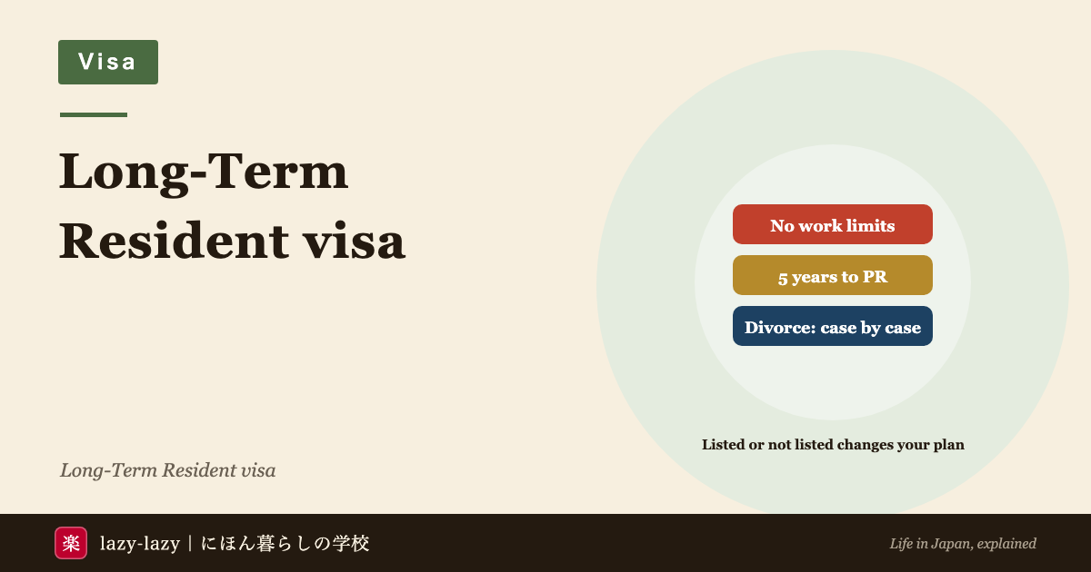 Eyecatch for the Long-Term Resident visa in Japan in 2026: no work limits, 5 years to permanent residency, and changes after divorce are judged case by case