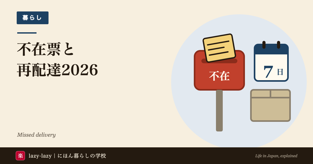 郵便受けに入った不在票と、7日の保管期限を示すカレンダーと荷物。郵便局・ヤマト・佐川の再配達の頼み方と保管期間