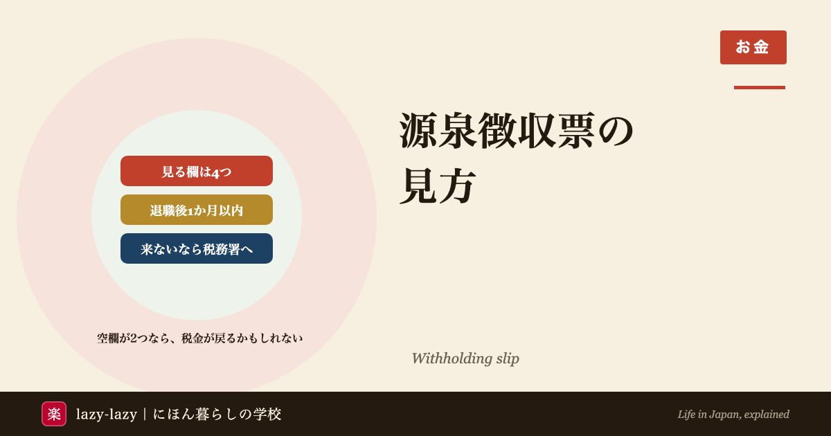 源泉徴収票の見方2026のアイキャッチ。見る欄は支払金額など4つ、年の途中で辞めた人は退職後1か月以内にもらえる、来ないときは税務署に不交付の届出。