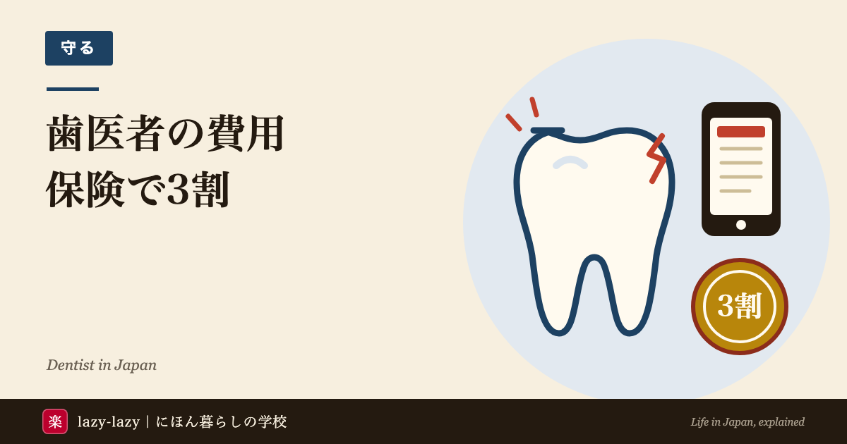 日本の歯医者の費用。外国人も健康保険で3割負担、初診料は3割で約830円。痛む歯と予約の電話、3割の硬貨の絵
