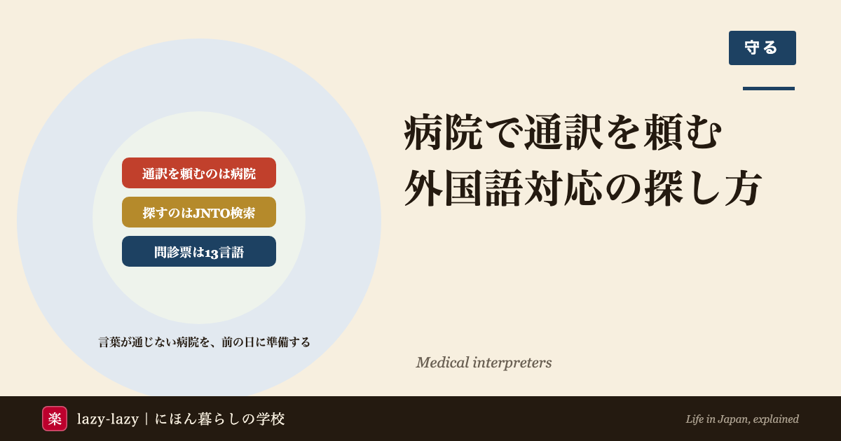 病院で日本語が通じないときの要点。通訳を頼むのは病院、外国語対応の病院はJNTOの検索で探す、通訳がいなければ厚生労働省の13言語の問診票