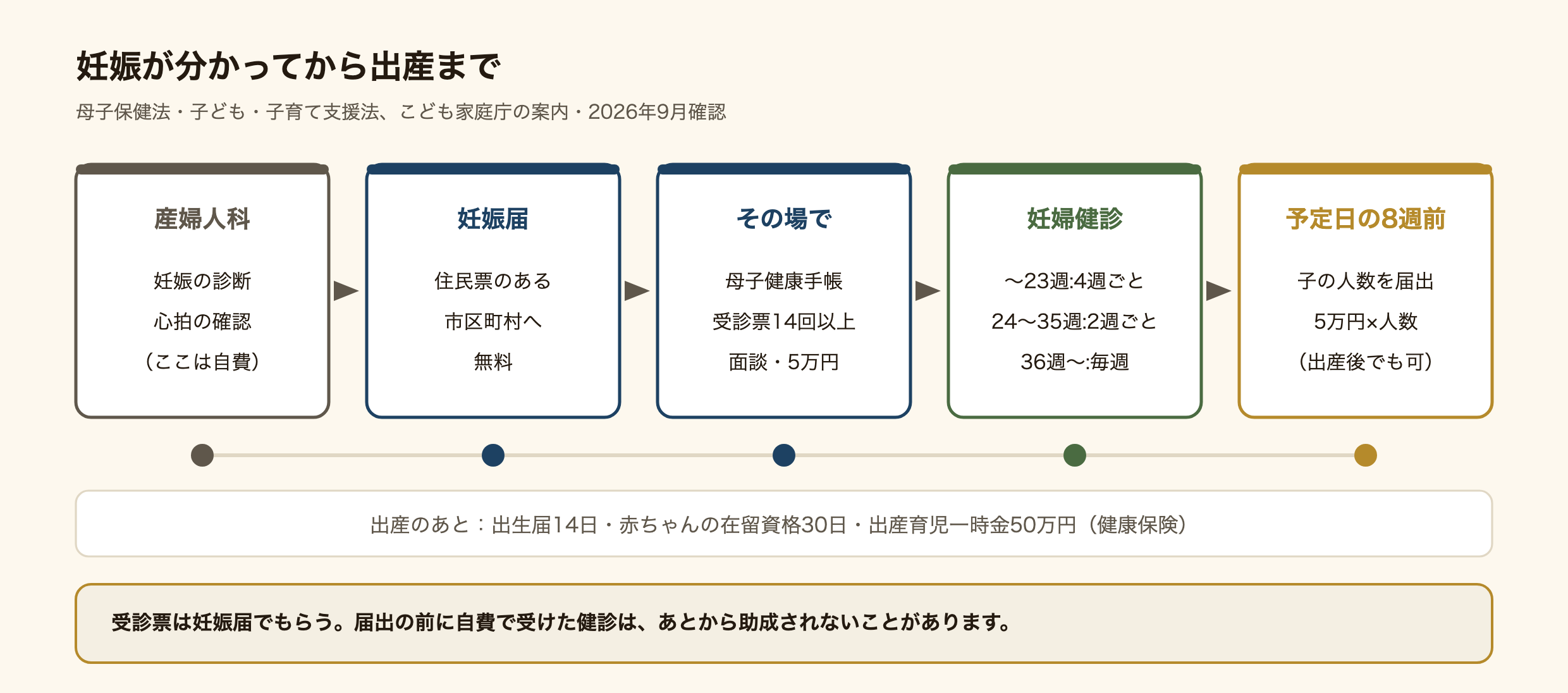妊娠が分かってから出産までの流れの図。産婦人科で妊娠の診断と胎児の心拍の確認を受ける(ここは自費)。住民票のある市区町村に妊娠届を出す(無料)。その場で母子健康手帳、妊婦健診の受診票14回分以上、保健師などとの面談、妊婦のための支援給付の1回目5万円の申請。妊婦健診は23週までは4週ごと、24〜35週は2週ごと、36週からは毎週。出産予定日の8週間前から子の人数を届け出ると5万円×人数(出産後でも可)。出産のあとは出生届14日・赤ちゃんの在留資格30日・出産育児一時金50万円。届出の前に自費で受けた健診は、あとから助成されないことがある。