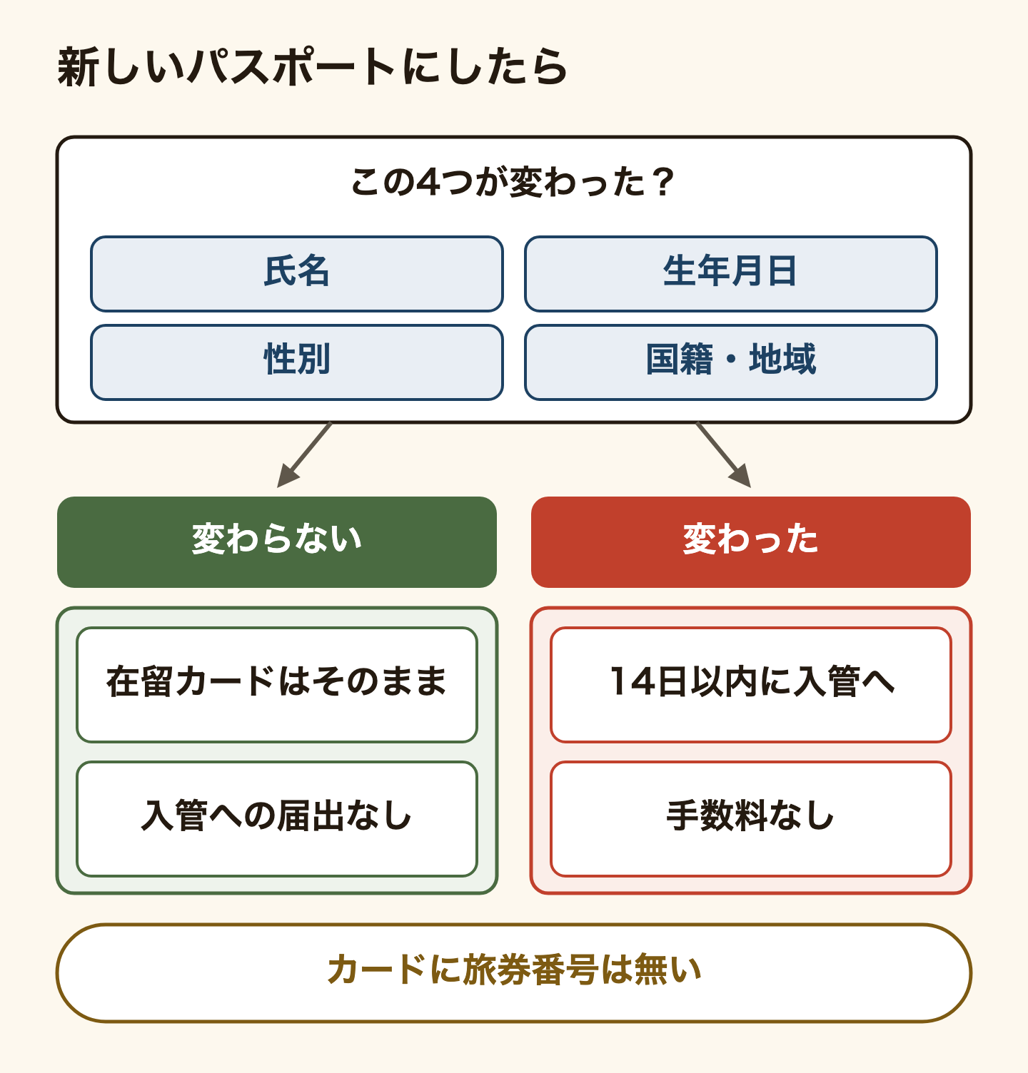 新しいパスポートにしたときの分かれ道の図。氏名・生年月日・性別・国籍・地域の4つのどれかが変わったかで分かれる。変わらないなら在留カードはそのままで、入管への届出もない。変わったなら14日以内に入管へ届け出て、手数料はかからない。在留カードには旅券番号が書かれていない。