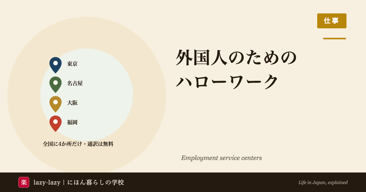 外国人雇用サービスセンターは東京・名古屋・大阪・福岡の全国4か所だけであることを示した図