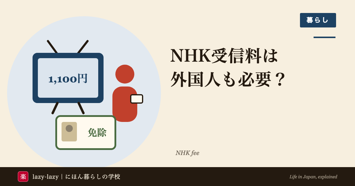 テレビの画面に月1,100円、訪問してきた人、免除と書いた学生証を描いた、外国人のNHK受信料のアイキャッチ