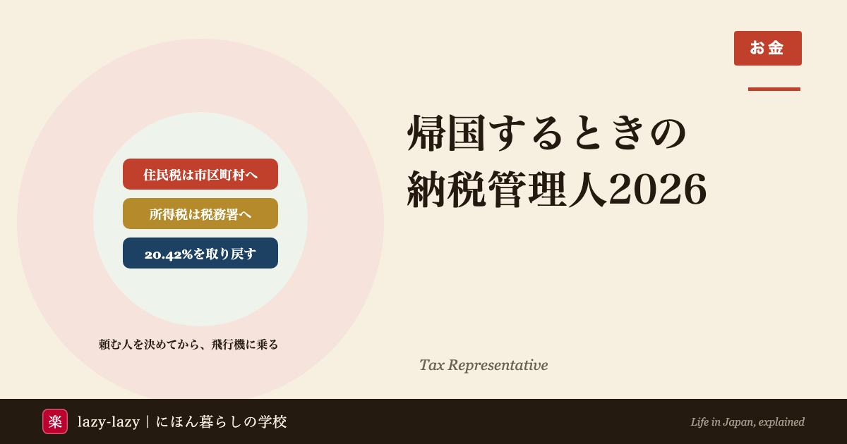 帰国するときの納税管理人2026のアイキャッチ。住民税は市区町村へ、所得税は税務署へ届け出て、厚生年金の脱退一時金から引かれた20.42%を取り戻す、の3点