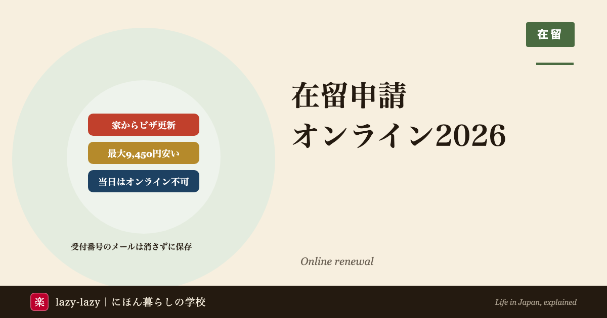 在留申請オンライン2026のアイキャッチ。ビザ更新を家から出せる、10月1日から窓口より最大9,450円安い、満了日の当日はオンライン不可、の3点