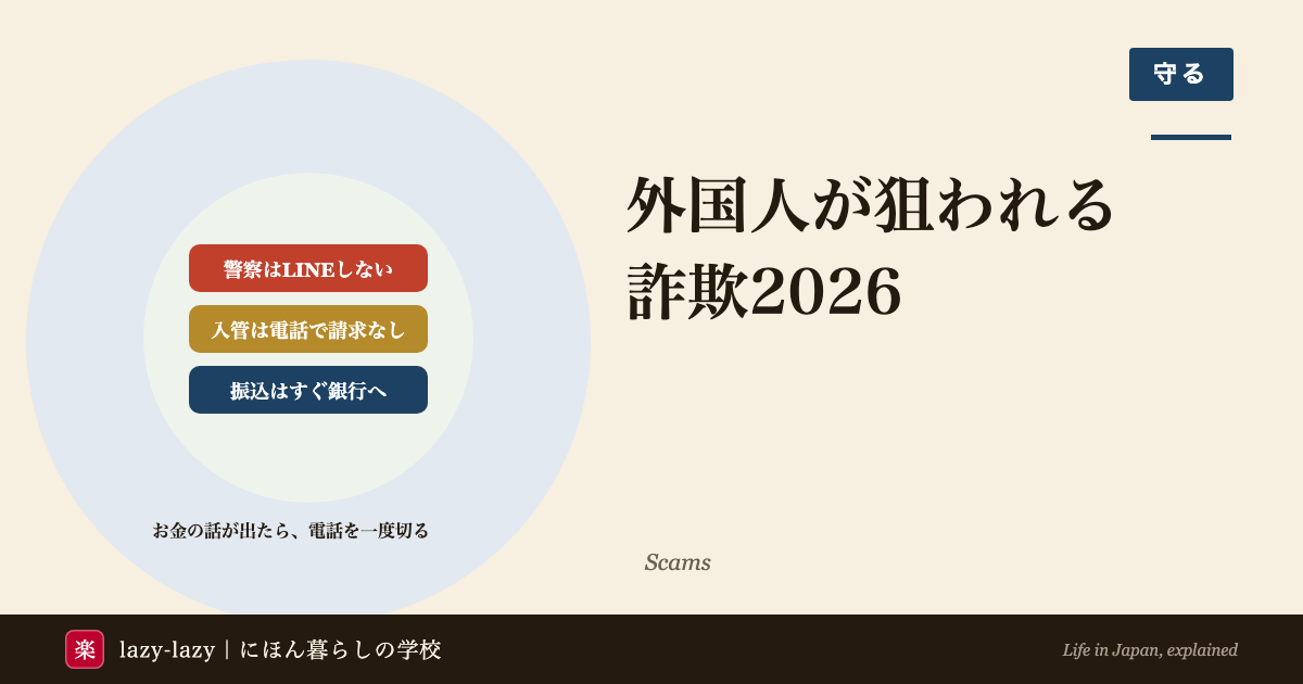 外国人が狙われる詐欺2026のアイキャッチ。警察はLINEで連絡しない、入管は電話でお金を求めない、振り込んだらすぐ銀行へ、の3点