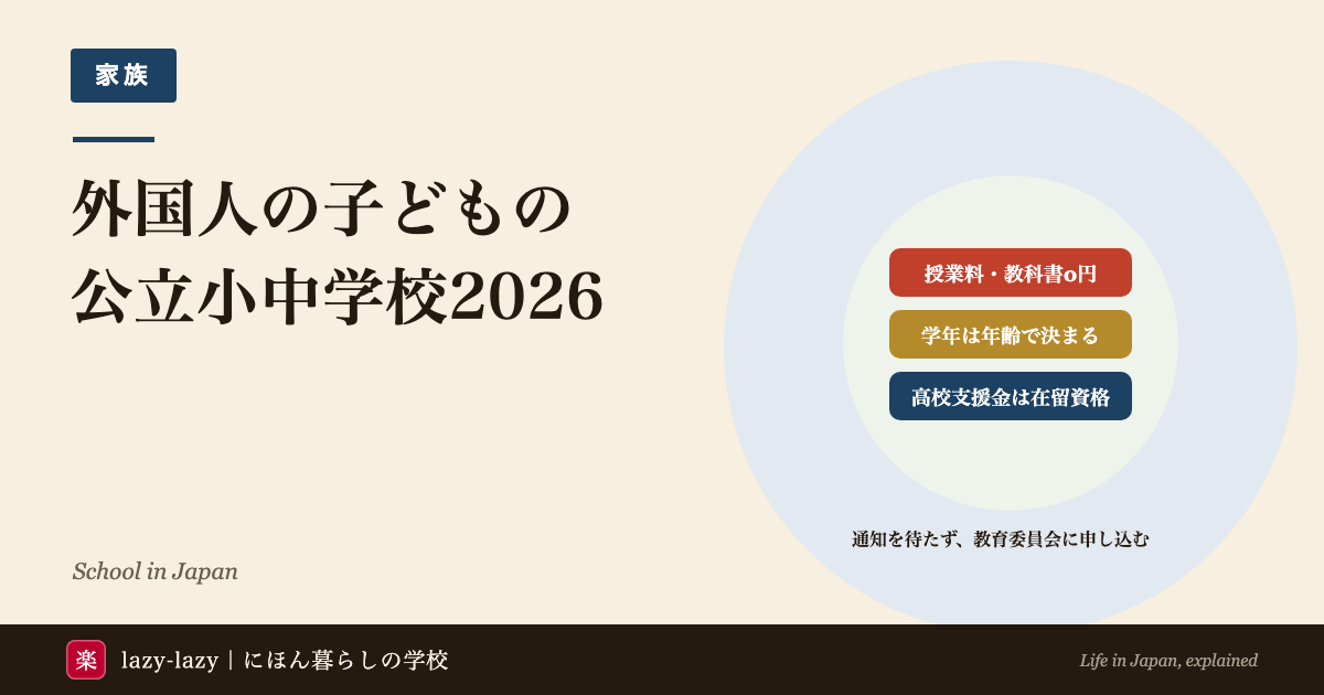 外国人の子どもの公立小中学校2026のアイキャッチ。授業料と教科書は0円、学年は年齢で決まる、高校の就学支援金は2026年4月から在留資格で分かれる、の3点