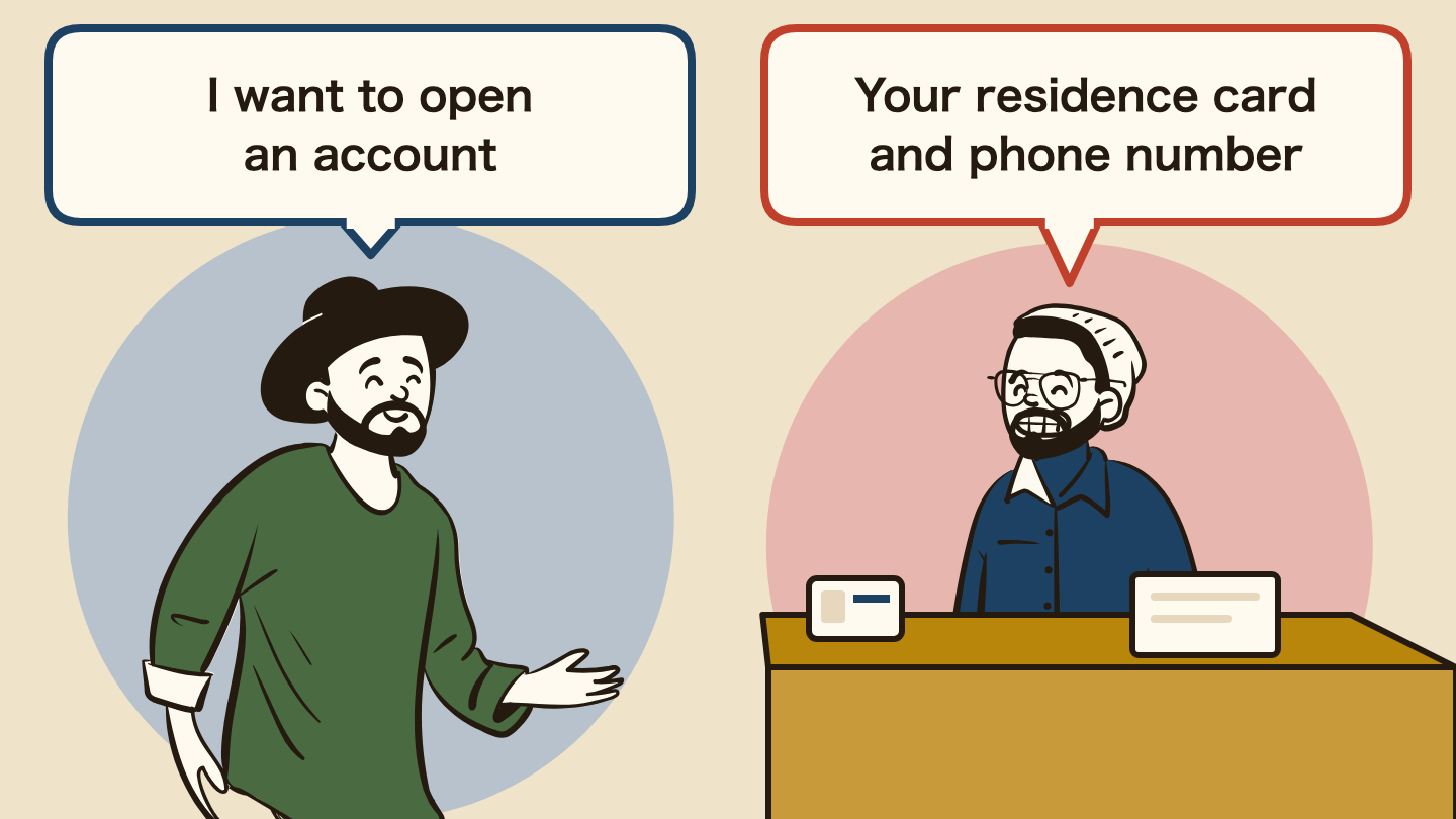 Illustration of a conversation. Left: "I want to open an account" Right: "Your residence card and phone number"