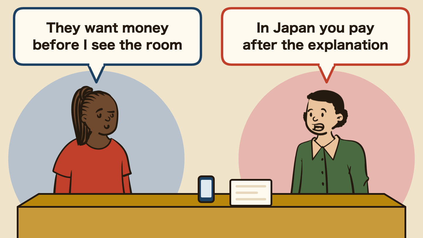 Illustration of a conversation. Left: "They want money before I see the room" Right: "In Japan you pay after the explanation"