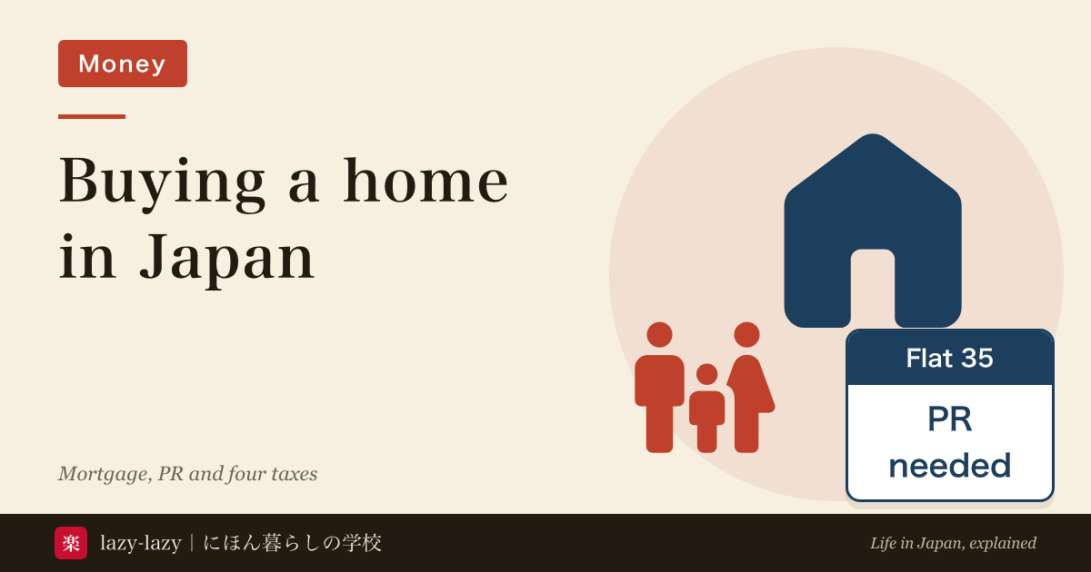 A large house pictogram, a family of three and a card reading Flat 35 / PR needed, for a guide to buying a home in Japan as a foreigner