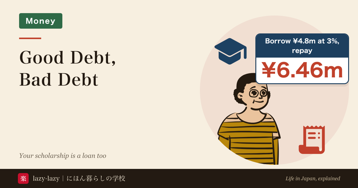 Eyecatch for good debt vs bad debt in Japan: a surprised person with a graduation cap and a bill. Borrow 4.8 million yen on a JASSO Type 2 loan at 3.0% and you repay about 6.46 million yen