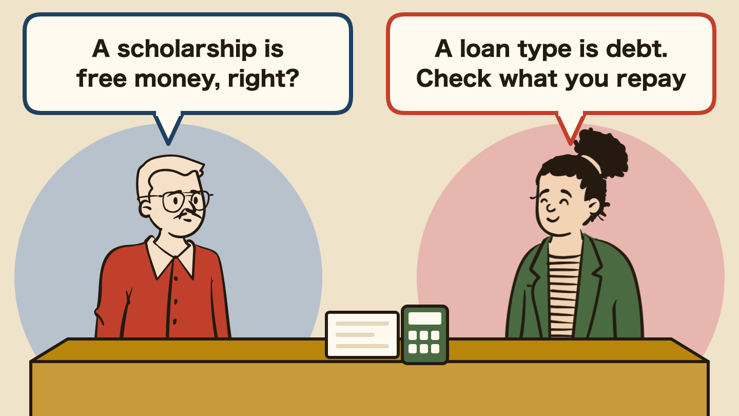 Illustration of a conversation. Left: "A scholarship is free money, right?" Right: "A loan type is debt. Check what you repay"