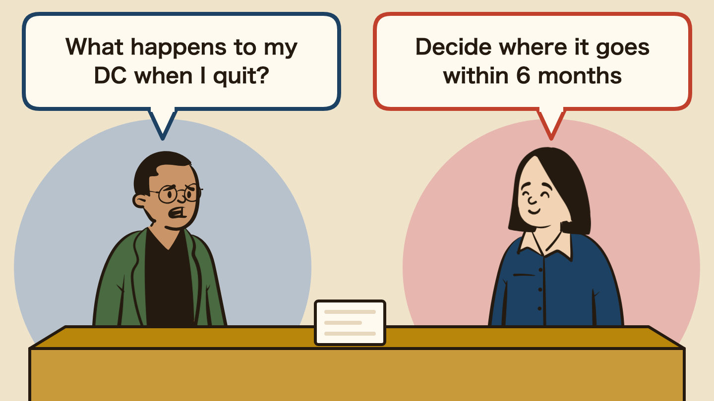 Illustration of a conversation. Left: "What happens to my DC when I quit?" Right: "Decide where it goes within 6 months"