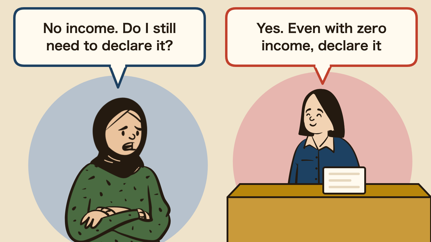 Illustration of a conversation. Left: "No income. Do I still need to declare it?" Right: "Yes. Even with zero income, declare it"