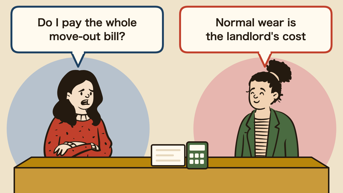 Illustration of a conversation. Left: "Do I pay the whole move-out bill?" Right: "Normal wear is the landlord's cost"