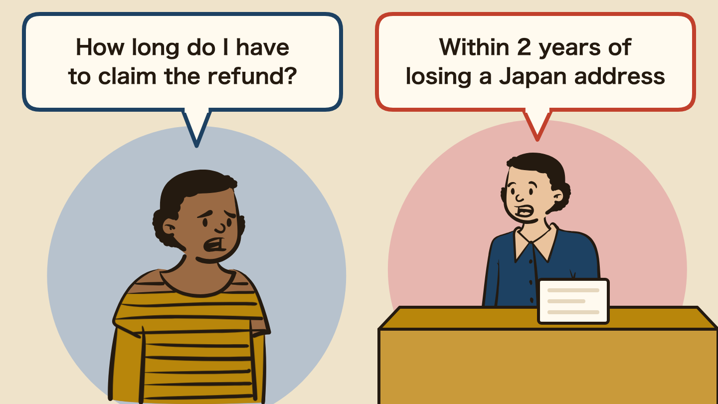 Illustration of a conversation. Left: "How long do I have to claim the refund?" Right: "Within 2 years of losing a Japan address"