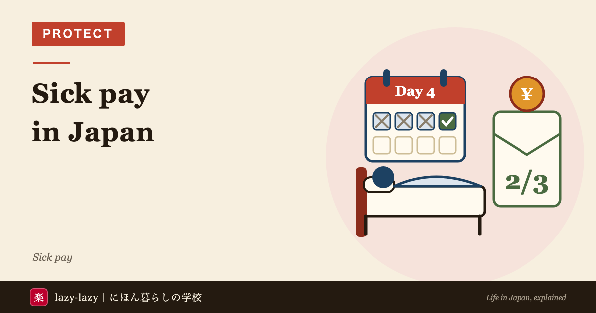 A person resting in bed, a calendar with day 4 ticked, and an envelope marked 2/3 with a yen coin, for a guide to Japan's injury and sickness allowance for foreigners