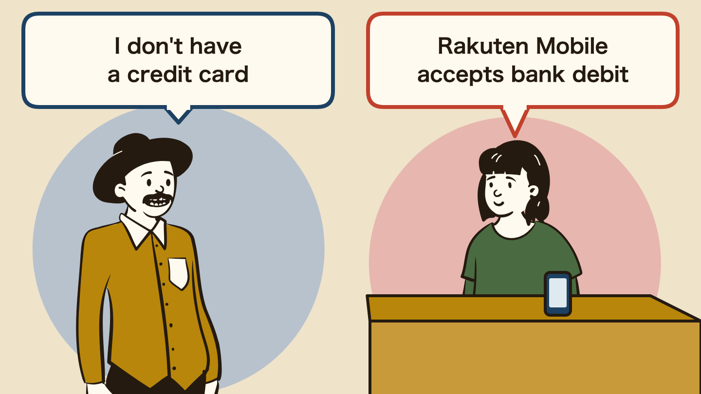 Illustration of a conversation. Left: "I don't have a credit card" Right: "Rakuten Mobile accepts bank debit"