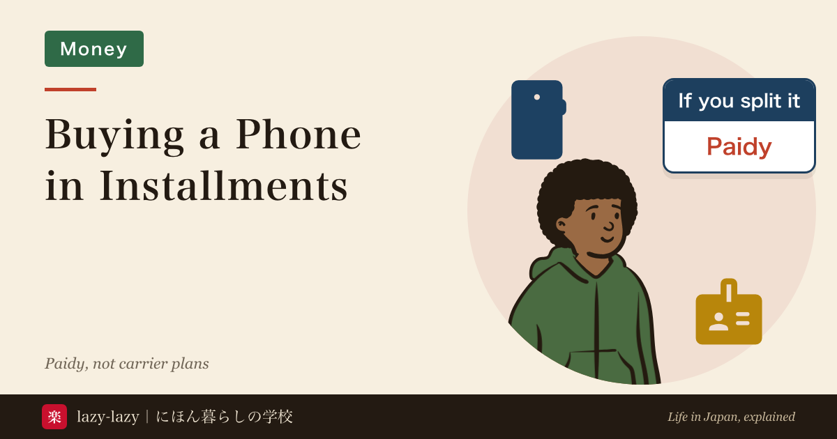 Eyecatch for buying a phone in installments: a person with smartphone and residence card icons, and a panel reading if you split it, Paidy
