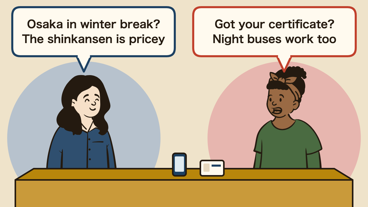 Illustration of a conversation. Left: "Osaka in winter break? The shinkansen is pricey" Right: "Got your certificate? Night buses work too"