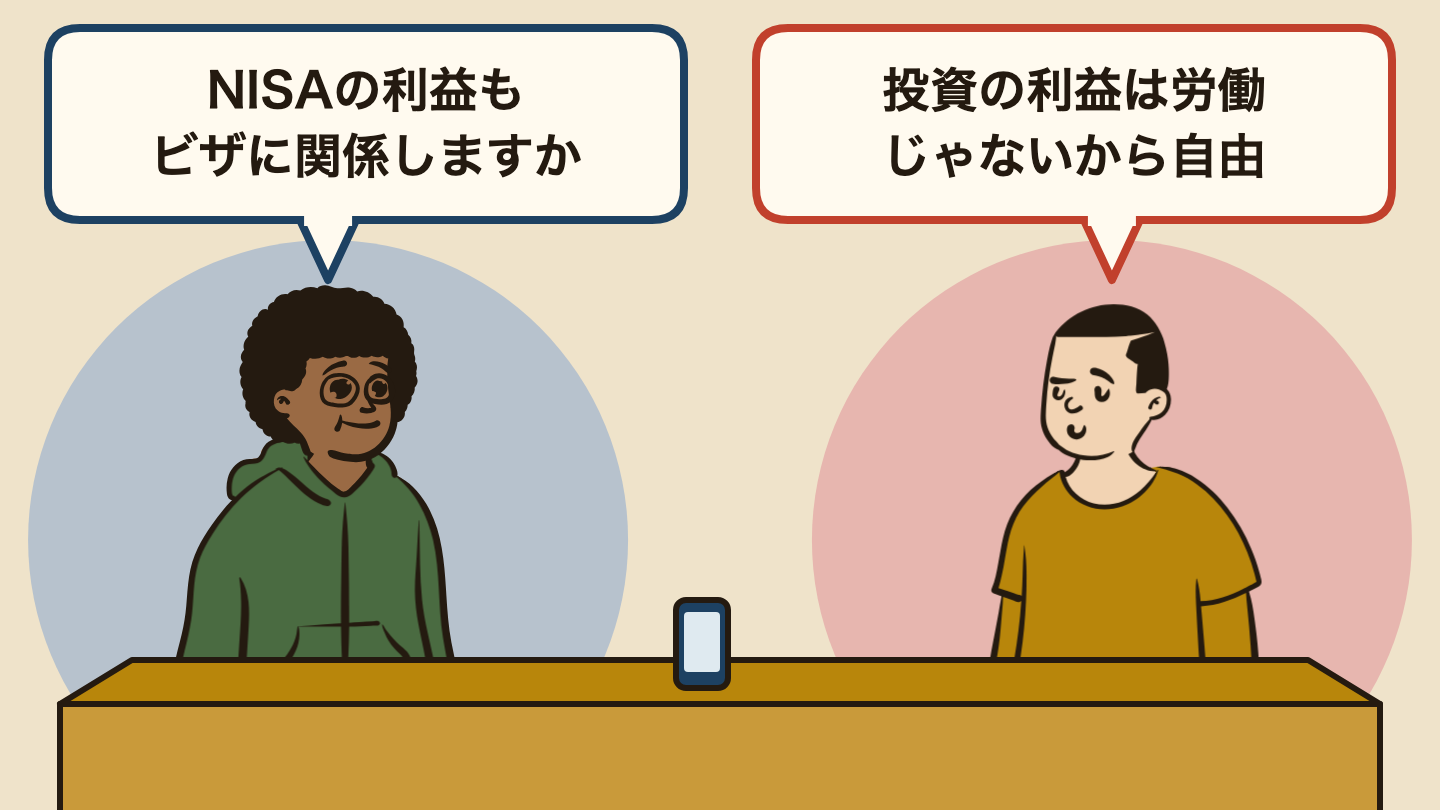 会話の場面のイラスト。左の人「NISAの利益もビザに関係しますか」、右の人「投資の利益は労働じゃないから自由」。