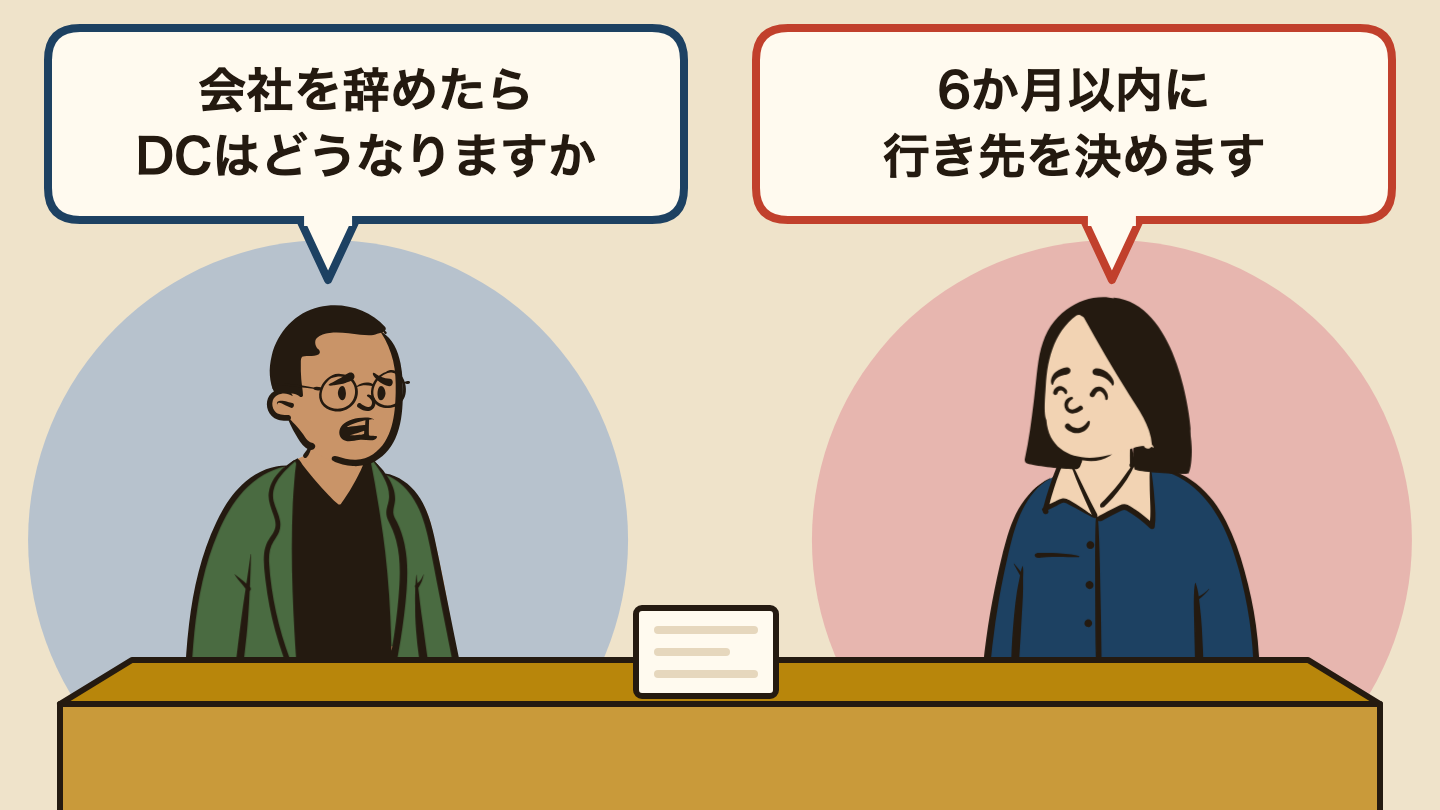 会話の場面のイラスト。左の人「会社を辞めたらDCはどうなりますか」、右の人「6か月以内に行き先を決めます」。