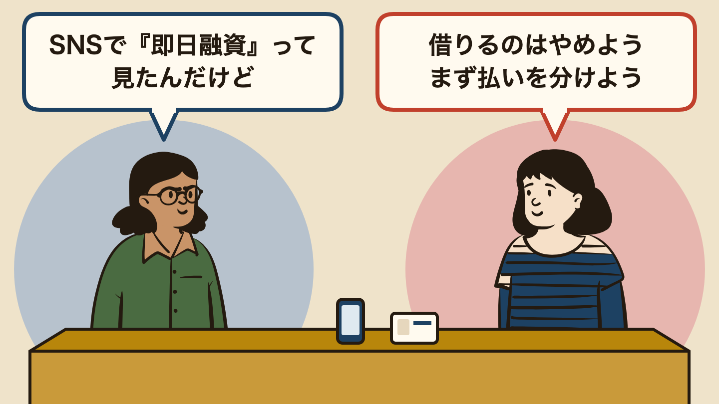 会話の場面のイラスト。左の人「SNSで『即日融資』って見たんだけど」、右の人「借りるのはやめようまず払いを分けよう」。