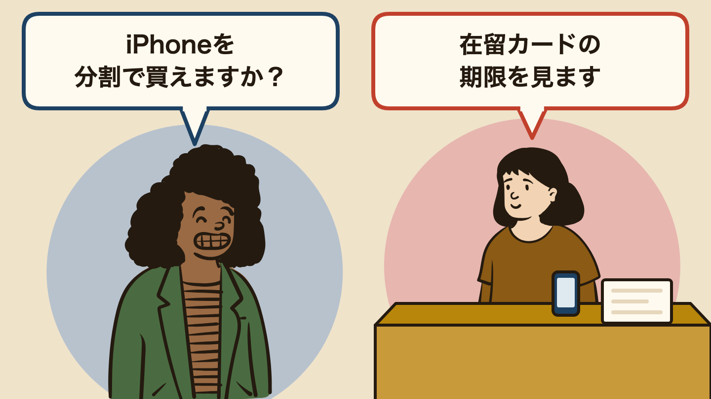 会話の場面のイラスト。左の人「iPhoneを分割で買えますか?」、右の人「在留カードの期限を見ます」。