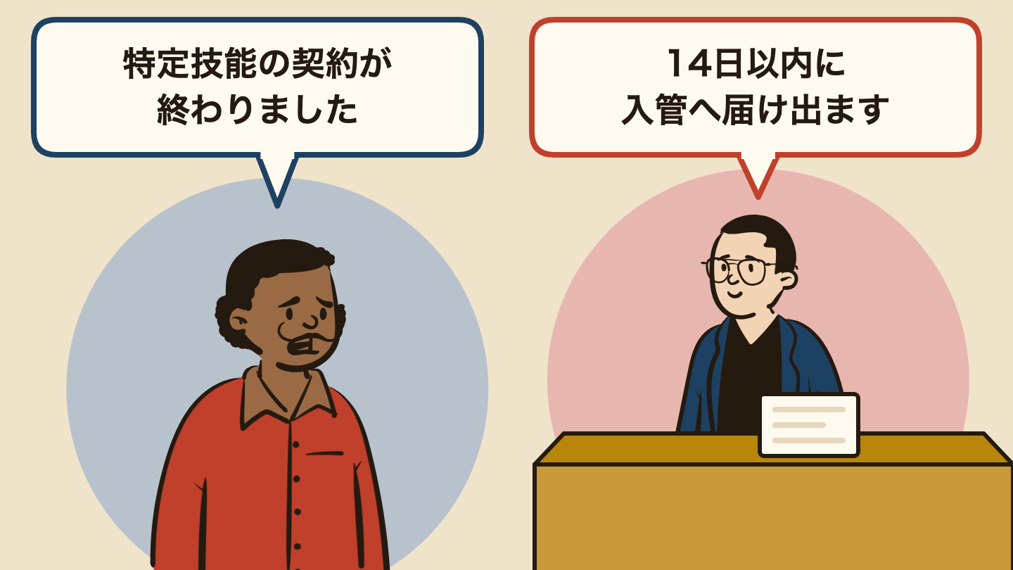 会話の場面のイラスト。左の人「特定技能の契約が終わりました」、右の人「14日以内に入管へ届け出ます」。