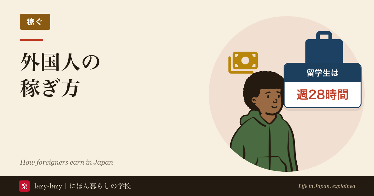外国人の稼ぎ方の記事のアイキャッチ。笑顔の人とかばん・お金のアイコン、「留学生は 週28時間」の札