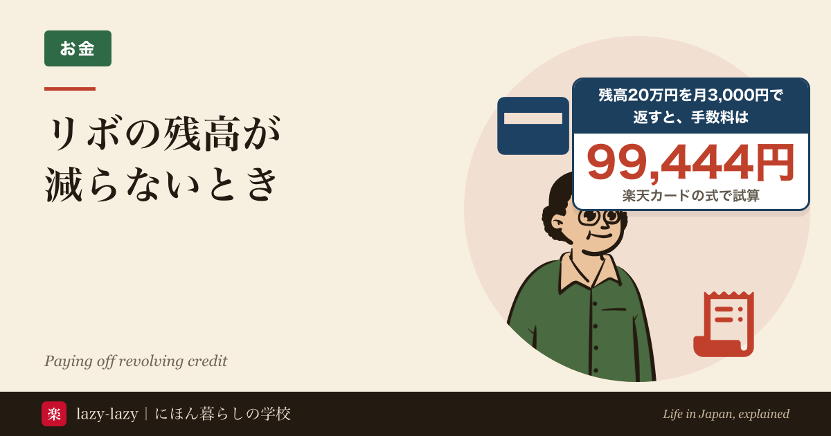 リボの残高が減らないときのアイキャッチ。カードと明細を前に驚く人物。残高20万円を月3,000円で返すと、手数料は99,444円（楽天カードの式でこちらが計算）