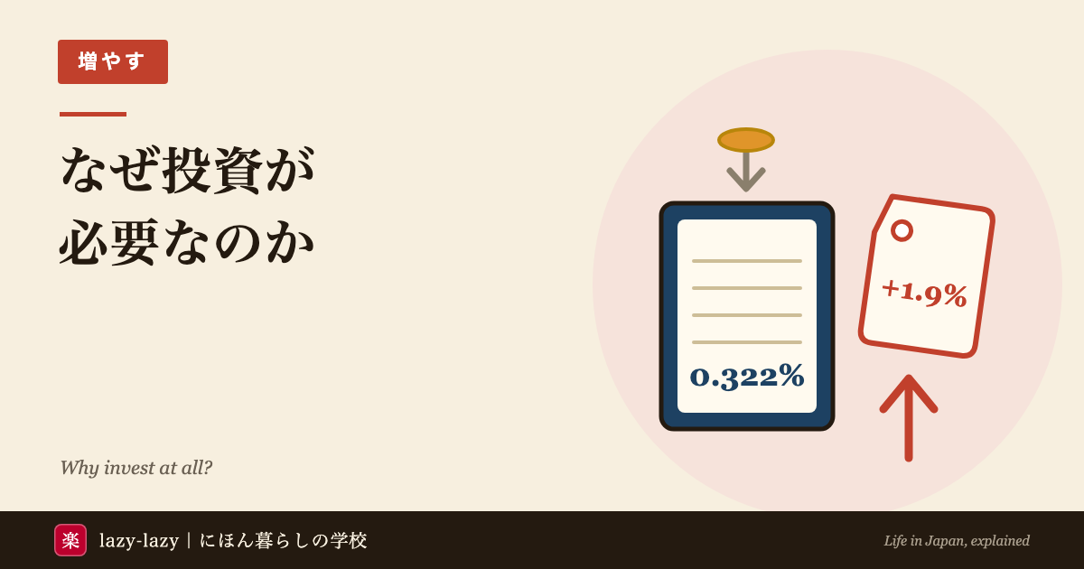 利息0.322%と書かれた預金通帳と、+1.9%と書かれて上向きの矢印がついた値札を並べた、なぜ外国人にも投資が必要かの記事のアイキャッチ